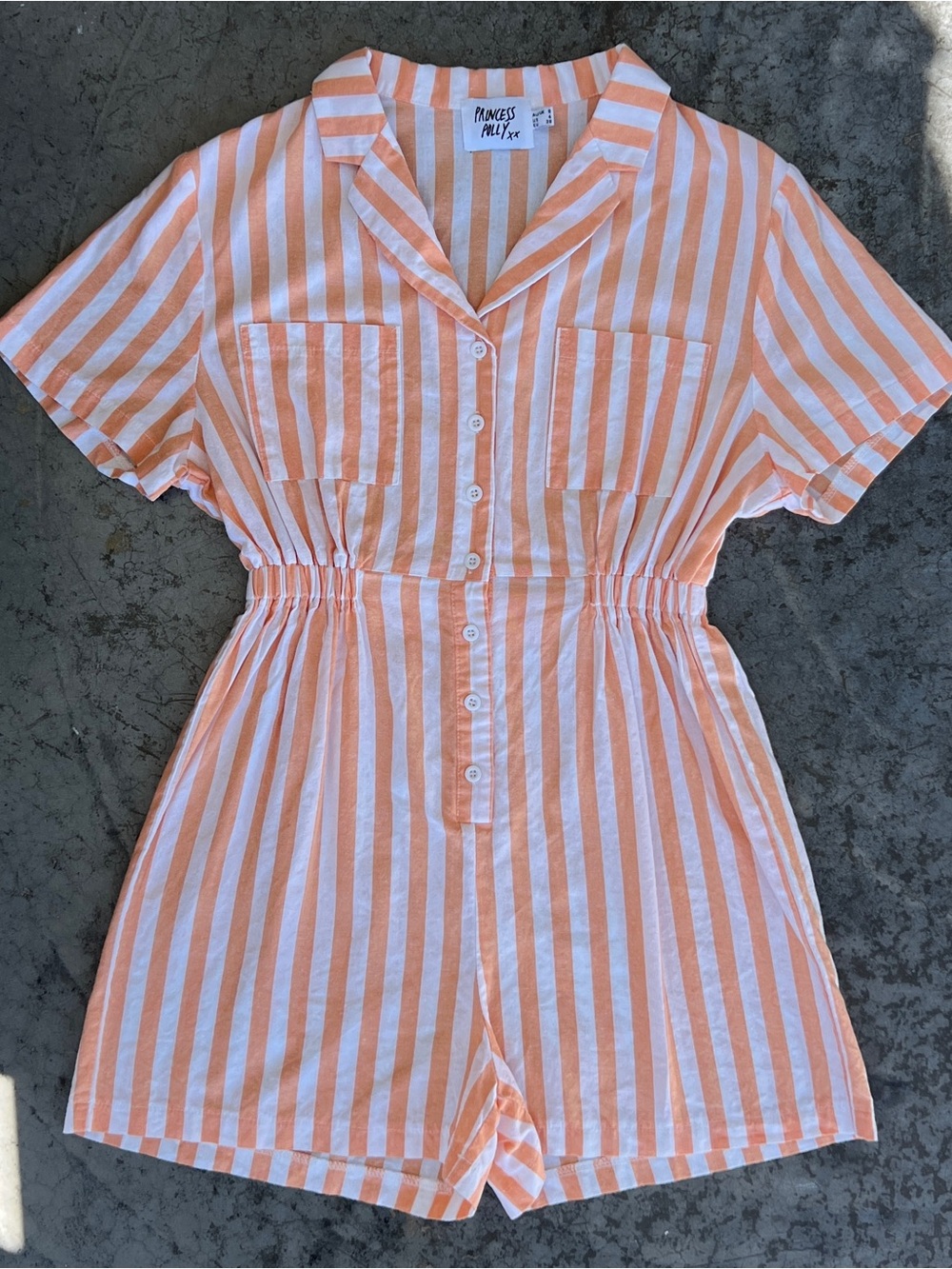 Princess Polly Orange Striped Short Sleeve Romper Size 4 Elastic Waist Cotton
